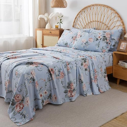 FADFAY Queen Sheets Set Percale Cotton Floral Bed Sheets Deep Pocket Fitted Sheet, Luxury Pink Roses and White Small Flowers Pattern Shabby Vintage Countryside Style Bedding,4Pcs