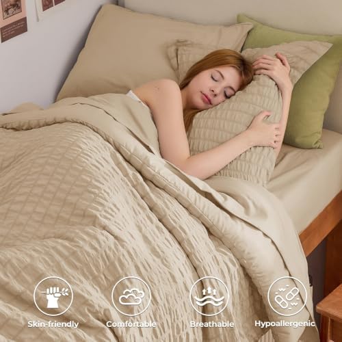 HYMOKEGE Khaki Twin Comforter Set Seersucker 5 Pieces, All Season Luxury Bed in a Bag for Bedroom, Bedding Set with Comforter, Sheets, Pillowcase & Sham