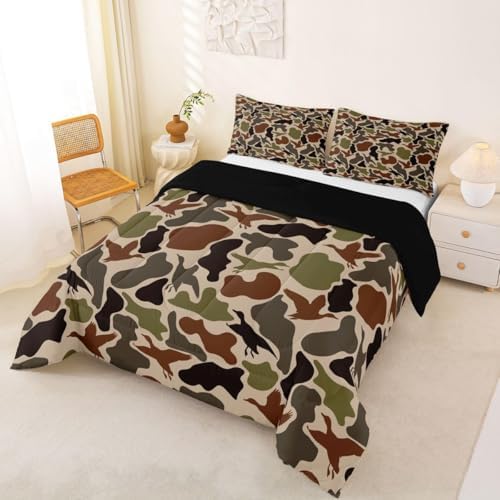 Duck Hunting Comforter Set -Army Camo Comforter Twin Size Green Brown Camouflage Bedding Set for Kids Teens Bedroom Decor Fashion Rustic Farmhouse Wild Animal Quilt Duvet,2 Pcs with 1 Pillowcase