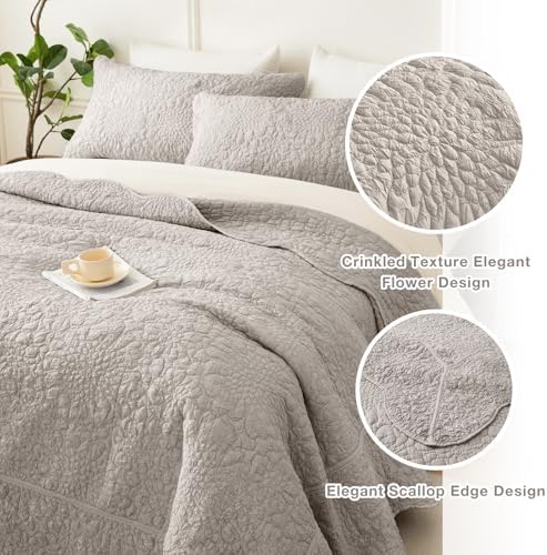 Masaca Oversized King Bedspread 128x120,Linen Colored Crinkled Oversized King Quilt 3Pcs Soft Lightweight Farmhouse Shabby Boho Stone-Washed Scallop Extra Large Quilt Coverlet Bedding Set