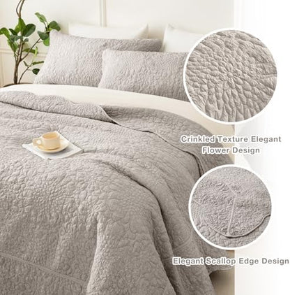 Masaca Oversized King Bedspread 120x120,3Pcs Crinkled Extra Large King Quilt Bedding Set Linen Colored Stone-Washed Farmhouse Lightweight Rustic Scallop Bedspread & Coverlet Sets for All Season
