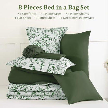 Queen Size Comforter Set 8 Pieces Emerald Floral Bed in a Bag Comforter Set