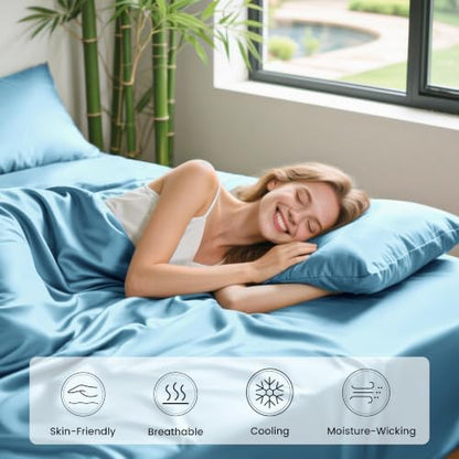 Love's cabin 4 Piece California King Size Sheet Set, 100% Rayon Derived from Bamboo, Cooling & Breathable, Soft Silky Deep Pocket up to 16", Hotel Luxury Bedding for Hot Sleepers, Light Blue
