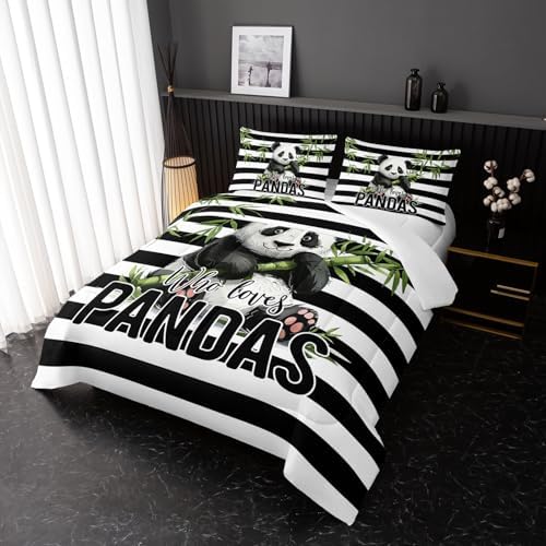 Nttopship Kawaii Panda Bedding Set - Striped Animal Theme Comforter for Girls, Kids, Teens Panda Bedding Set King Size Comforter with 2 Pillowcases
