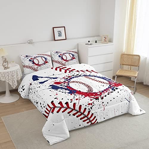 Castle Fairy Baseball Comforter Set Queen Size Graffiti Red Navy Blue Bedding Set 3pcs for Kids Boys Teens Bedroom Decor Ball Sports Gaming Quilt Set Baseball Player White Duvet Insert,2 Pillowcases