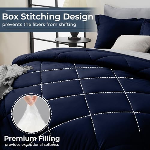 HEVUMYI 7-Piece California King Comforter Set, Navy Blue & Grey Bed in a Bag