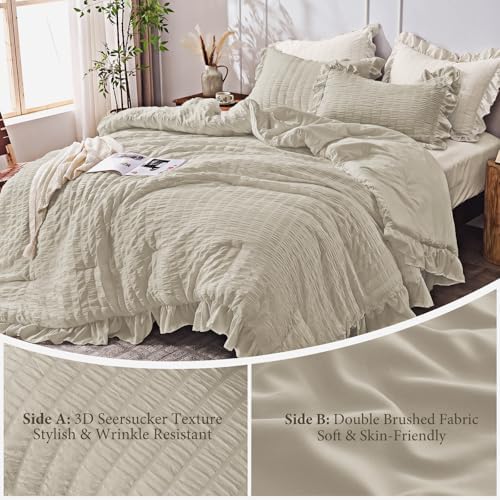 JOLLYVOGUE Full Size Comforter, 3 Pieces Oatmeal Seersucker Lightweight Full Size Bedding, All Season Fluffy Microfiber Bedding Comforter Set with 1 Ruffle Comforter and 2 Ruffle Pillowshams