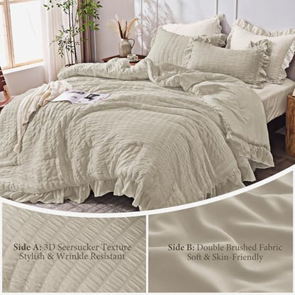 JOLLYVOGUE Oatmeal Twin/Twin XL Comforter Set, 2 Pieces Seersucker Lightweight Fluffy Bedding Set, Twin Ruffle Comforter, All Season Soft Microfiber Shabby Chic Bed Set