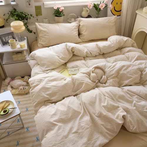 LifeTB Tan Gingham Comforter Set Queen Princess Lace Style Beige Taupe Plaid Comforter Set Soft Fluffy Grid Farmhouse Gingham Bedding Set Vintage Plaid Checkered Comforter with 2 Pillowcases