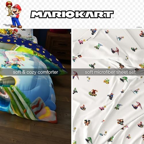 Super Mario Kart Game Kids Bedding Set, Full Size, 5-Piece Super Soft Cozy Reversible Comforter & Sheet Set (Officially Licensed Product) by Franco