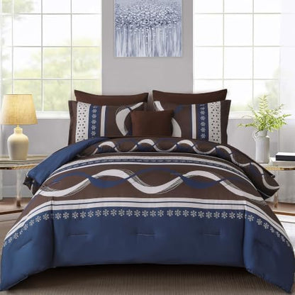 Blue Brown Comforter Set Full Size,8 Pieces Patchwork Striped Bed in a Bag