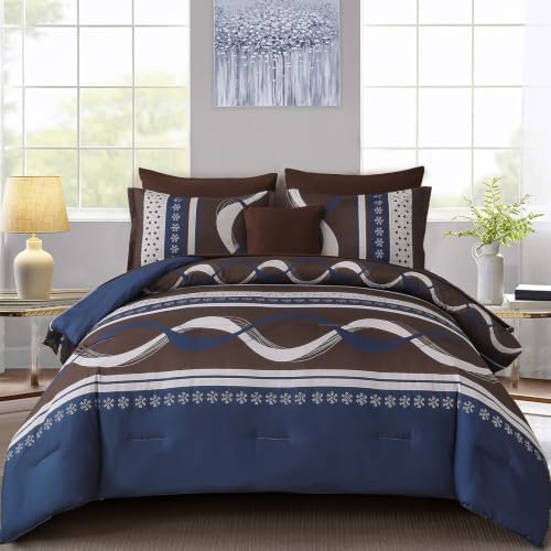 Blue Brown Comforter Set Queen Size,8 Pieces Patchwork Striped Bed in a Bag
