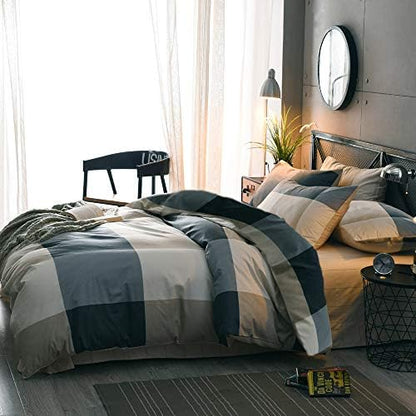 mixinni Twin XL Size Checkered Duvet Cover Set - 3 Piece Grey Geometric Cotton Bedding Set with Zipper Closure & Corner Ties, 100% Washed Cotton Soft Breathable Duvet Cover for Men, Teens (Twin XL)