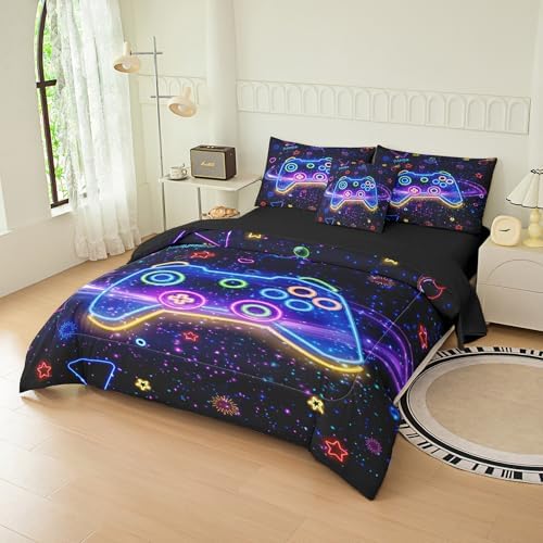 MWMWMW 6 pcs Boys Full Size Bedding Set, Gaming Comforter Sets for Boys,Kids Comforter Set for Boy Teens with 1 Comforter, 1 Flat Sheet, 1 Fitted Sheet, 1 Pillow Cover, 2 Pillowcases