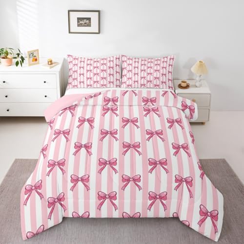 jejeloiu Pink Bow Bedding Set Soft for Boys Girls, Bowknot Comforter Set King Size Bow-tie Duvet Quilt Microfiber Colourful Bowknot Bedroom Decor 3 Pcs with 2 Pillow Cases
