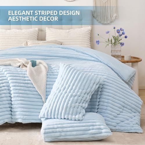 Smoofy Fluffy King Size Comforter 3 PCS - Light Blue Fleece Bedding Set
