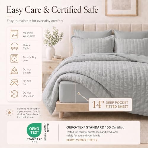 CozyLux Twin XL Comforter Set, 5 Pieces Light Grey Seersucker Bed in a Bag