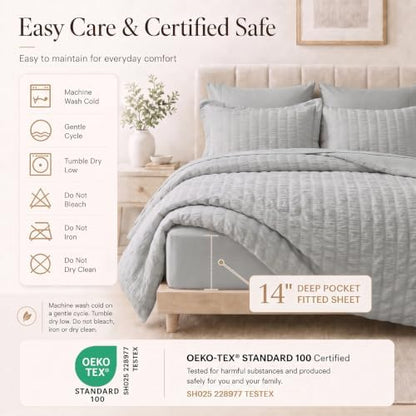 CozyLux King Size Comforter Set 7 Pieces Light Grey Seersucker Bed in a Bag