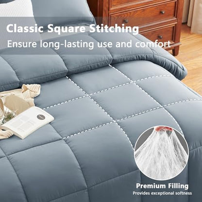 CozyLux Oversized Queen Comforter Set, 3-Piece Box-Stitched, Grayish Blue