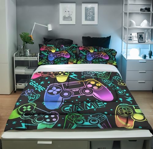 Sunnycitron Colorful Gamepad Gamer Comforter Set for Boys Gaming Bedding Set Teens Game Room Decor Queen (1 Comforter + 2 Pillowcase)