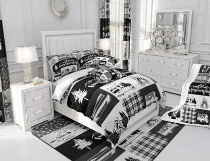 Castle Fairy Camper Patchwork Comforter Set King Size,RV Happy Camping Hunting Adventure Bedding Set All Season Quilt Set,Travel Trailers Decor Boho Aztec Exotic Microfiber Polyester Down Comforter