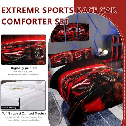 Feelyou Kids Boys Sports Car Comforter Set Queen Size Red Race Car Comforter for Kids Teens Room Decor Extreme Sports Theme Bedding Set Cool Speed Luxury Car Decor Quilt Set Soft for All Season