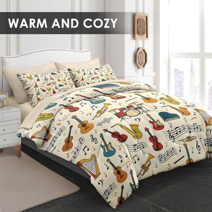 WeCozy Queen Comforter Set with Sheets, 7 Pieces Music Retro Bedding