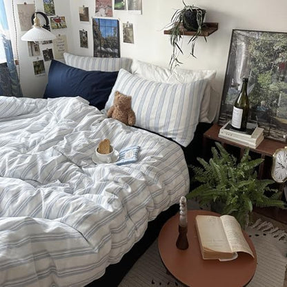 mixinni Vintage Blue & White Striped Duvet Cover Set - 3 Piece 100% Washed Cotton Full Size Bedding | Minimalist Relaxed Style | Ultra Soft Breathable, with Zipper Closure & Corner Ties-Full Size