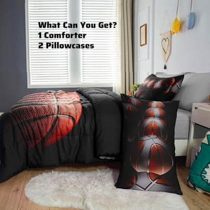 Teens Boys Sports Comforter Set Full,Basketball Bedding Set for Kids,Sports Orange Basketball Comforter Sets,Black Teenage Boy Bedroom Bed Set 3 Pieces with Pillowcases