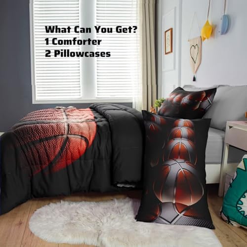Teens Boys Sports Comforter Set Twin,Basketball Bedding Set for Kids,Sports Orange Basketball Comforter Sets,Black Teenage Boy Bedroom Bed Set 3 Pieces with Pillowcases