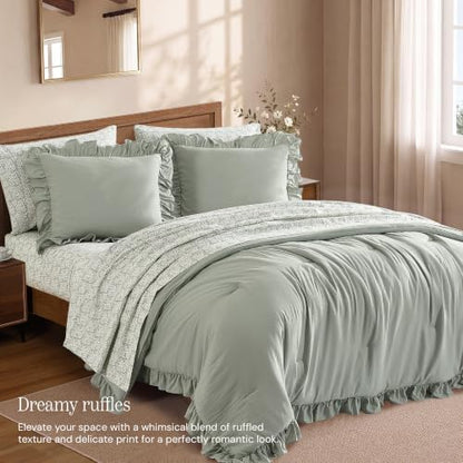 BLOOMHAVEN Queen Comforter Set-7 Pieces Ruffle Bedding with Floral Sheet