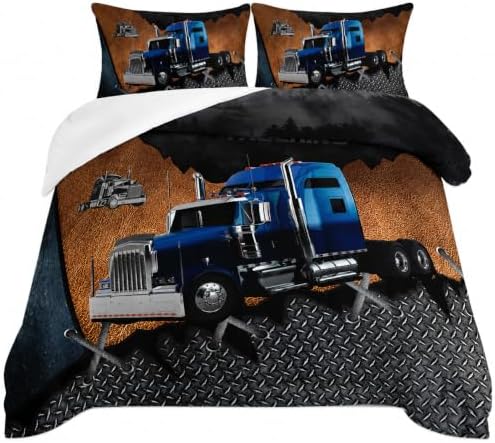 AILONEN Trucks Pattern Comforter Set Twin Size, Blue Truck and Forest Patterns Bedding Set for Kids Boys Girls Teens Bedroom,3 Pieces,1 Quilt and 2 Pillowcases,Soft,Breathable