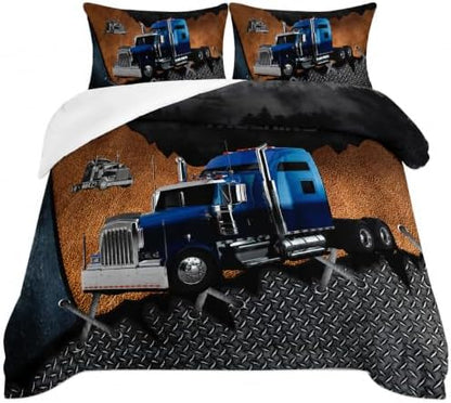 AILONEN Trucks Pattern Comforter Set Twin Size, Blue Truck and Forest Patterns Bedding Set for Kids Boys Girls Teens Bedroom,3 Pieces,1 Quilt and 2 Pillowcases,Soft,Breathable
