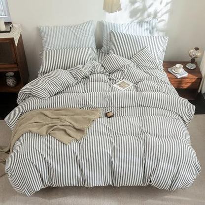 FOSSA Striped Duvet Cover Set 100% Washed Cotton Linen Feel California King