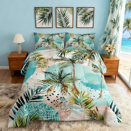 Manfei Tropical Beach Comforter Set King Size, Green Palm Trees Bedding Set 3pcs for Kids Boys Girls Room Decor, Summer Ocean Beach Theme Down Comforter with 2 Pillowcases, No Sheets