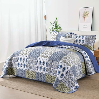 Mybedsoul Boho Quilt King Size, Patchwork Floral Bedding Set, Aqua Blue