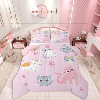 Erosebridal Kids Cat Comforter Set Queen Size Cute Colorful Cats Bedding Set for Girls Kawaii Room Decor,Pink Pet Animal Paw Down Comforter Grey Orange Cat Bed Set Soft Quilt Duvet Set 2 Pillow Cases