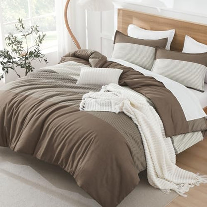 Litanika Coffee Oversized Queen Comforter Set - 3 Pieces Stripe Bed Set