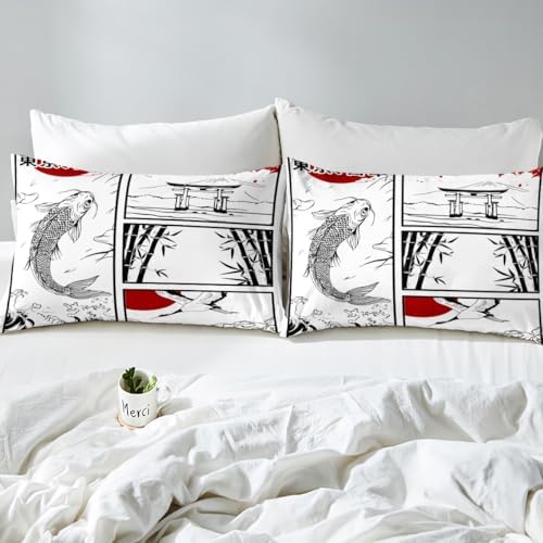 Feelyou Kids Japanese Koi Fish Duvet Cover King Size Japanese Wave Crane Bedding Set Boys Girls Fuji Mountain Bamboo Comforter Cover Set Japan Tokyo Japanese-Style Bedspread Cover（No Comforter