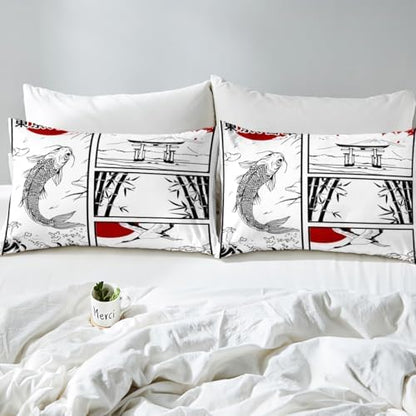 Feelyou Kids Japanese Koi Fish Duvet Cover King Size Japanese Wave Crane Bedding Set Boys Girls Fuji Mountain Bamboo Comforter Cover Set Japan Tokyo Japanese-Style Bedspread Cover（No Comforter
