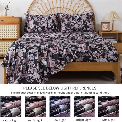FADFAY King Sheet Set,4-Piece 100% Cotton, Vintage Black Floral & Bird Print Bedding, Deep Pocket Fitted Sheet, Soft & Breathable for All Seasons