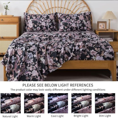 FADFAY California King Sheet Set,4-Piece 100% Cotton, Vintage Black Floral & Bird Print Bedding, Deep Pocket Fitted Sheet, Soft & Breathable for All Seasons