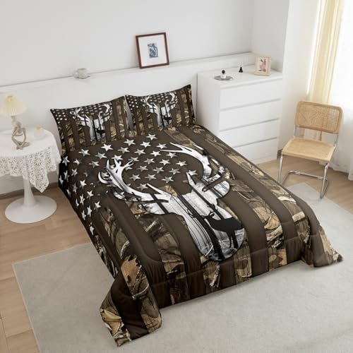 American Flag Queen Comforter Set, Brown Camouflage Grey Antlers and Leaves Down Comforter for Man Adult,Camo Hunting Deer Animal Camping Bedding Set Stars Stripes USA Flag Quilt,Farmhouse Style