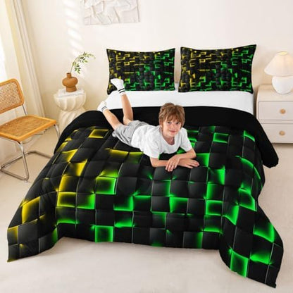 Erosebridal Geometric Checkered Comforter Set Toddler Neon Yellow Green Bedding Set for Kids Boys Teen Gamer Room Decor,Abstract Ombre Plaid Comforter Grids Quilt Duvet Black