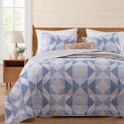 Queen Quilt Set-3 Pieces Soft Bedding Lightweight Floral Patchwork Coverlet