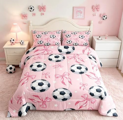 Coquette Soccer Bedding Sets Full Size,Pink Ribbon Bowknot Comforter Set 3Pcs for Kids Girls Boys Youth Room Decor,Cute Stars Pattern Quilted Duvet Sports Bow Game Down Comforter,2 Pillowcases
