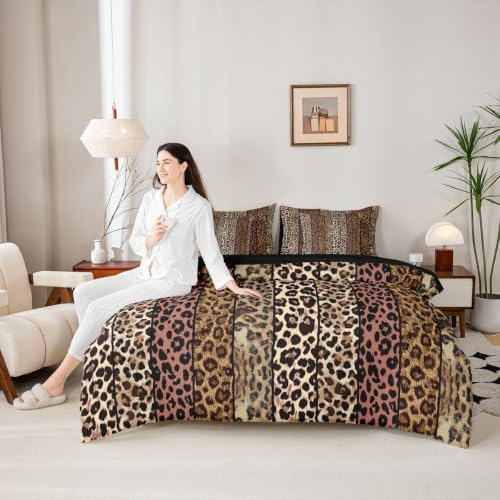 Erosebridal Dusty Rose Leopard Print Queen Bedding Set for Men Women Adults - African Cheetah Printed Comforter Set Wild Safari Animal 7-Piece Bed in a Bag Modern Leopard Print Quilt Sets
