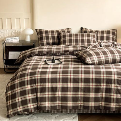 Mucalis Brown Buffalo Plaid Duvet Cover Queen Size 100% Washed Cotton Green Red Plaid Duvet Cover Vintage Checkered Duvet Cover Set Retro 3 Piece Grid Bedding Set with Zipper Closure 4 Corner Ties