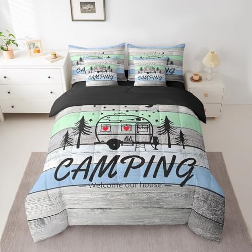 Erosebridal Kids Camping 7 Piece Comforter Set Twin Bed in a Bag Twin,Kawaii Camper Car Sheets,Stars Starry Sky Duvet Insert,Rustic Farmhouse Style Bedding,Woodland Camping Down Comforter Rv Decor
