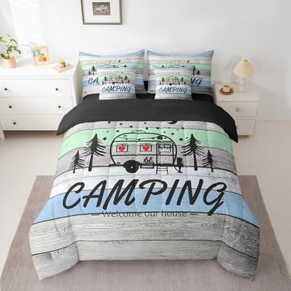 Erosebridal Kids Camping 7 Piece Comforter Set King Bed in a Bag King,Kawaii Camper Car Sheets,Stars Starry Sky Duvet Insert,Rustic Farmhouse Style Bedding,Woodland Camping Down Comforter Rv Decor